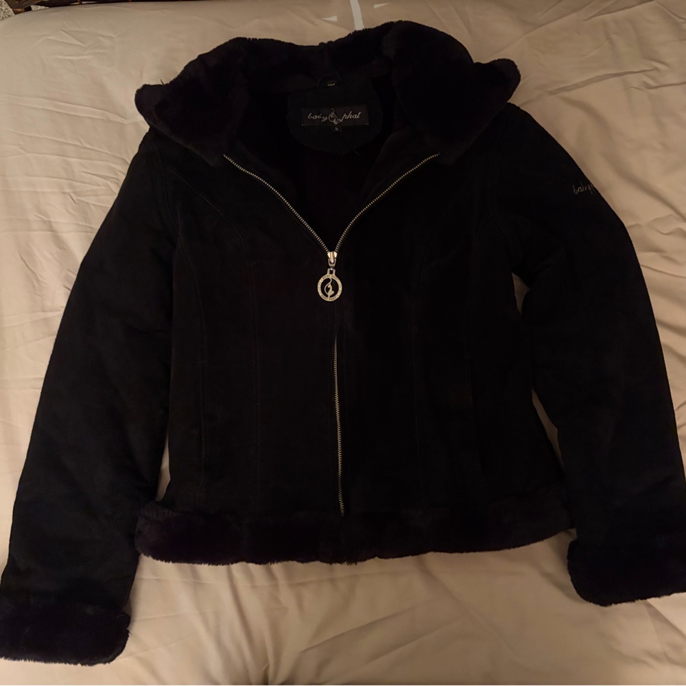 Baby Phat Vintage Suede/Faux Fur Jacket with Zipper and Varsity Style Hood